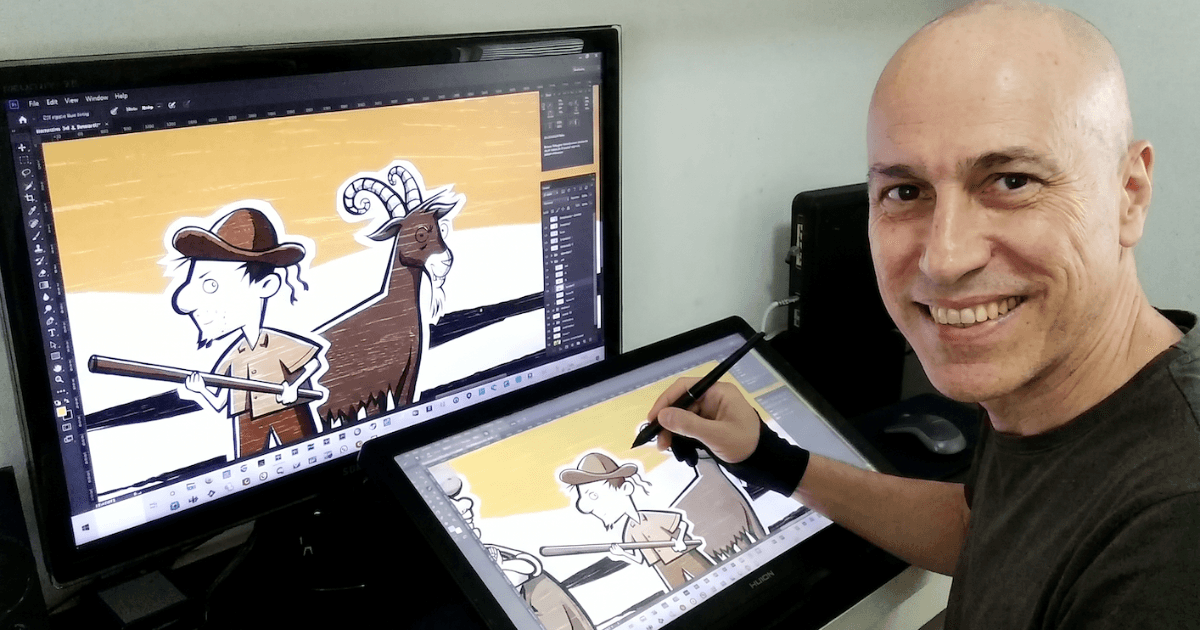 O autor Sérgio Merli durante o desenvolvimento da narrativa visual
